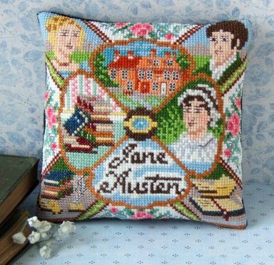 Jane Austen Jane Austen cross stitch kit featuring Regency style motifs and romantic characters.